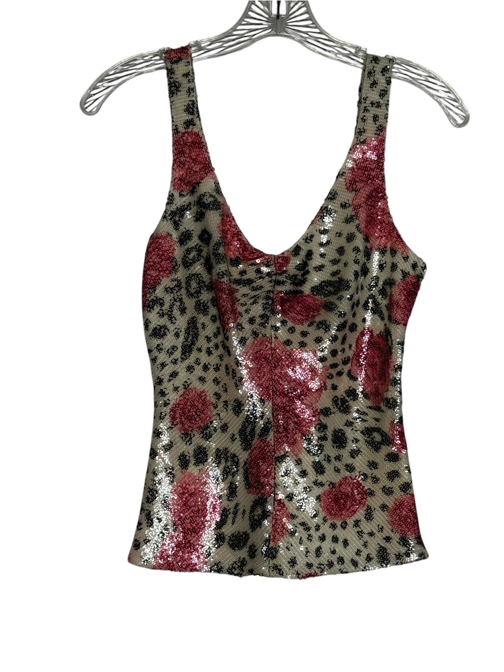 Bryan Bradley Silk Sequin Leopard Tank Top Size Small Pink Floral Cami